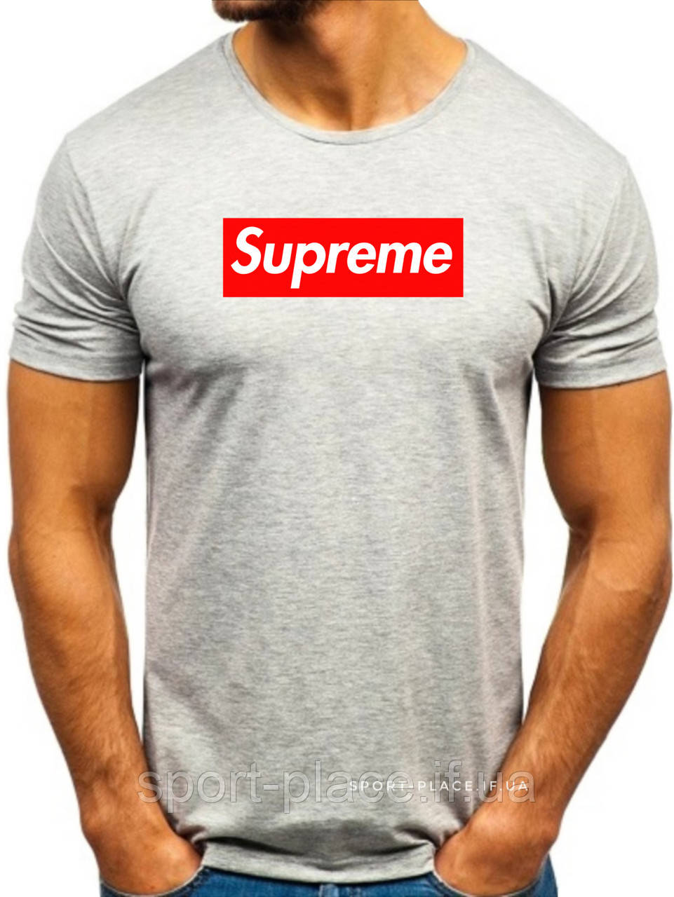 Чоловіча футболка Supreme (Ідеальна) сіра (велика емблема) бавовна