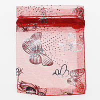 Мешочек подарочный прямоугольный красного цвета органза бабочки размер 7х9 см в упаковке 100 штук