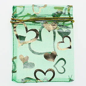Мешочек прямоугольный зелёный органза с сердечками подарочный для украшений размер 9х12см в упаковке 100 штук