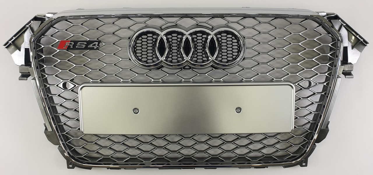 Решітка радіатора Audi A4 B8 (11-15) рестайл-стиль RS4 (хром рамка + срібло)