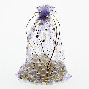 Мешочек фиолетовый органза с луной и звездами подарочный для украшений размер 9х12 см в упаковке 100 штук