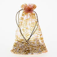 Мешочек подарочный оранжевый органза Цветочный золотой узор размер 9/12 см с затяжками в упаковке 100 штук