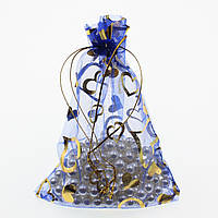 Мішечок подарунковий синій органза сердечка золоті візерунки розмір виробу 7/9 см із затяжками в пакованні 100 штук