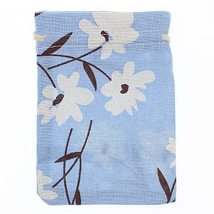 Мешочек подарочный прямоугольный лён тканевой голубой цветочки размер 10/14 см с затяжками в упаковке 50 шт