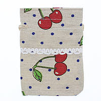 Мішечок подарунковий прямокутний Льон тканинний пісочний із вишеньками розмір 7/9 см із затяжками в пакованні 50 шт.