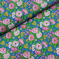 Ситець із рожевими та жовтими квітами на синьому тлі, ширина 80 см