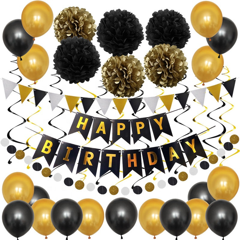 Набір на день народження з банером "Happy Birthday" + Повітряні кулі + Прикраси Чорно-Золотий колір