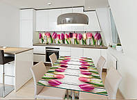 Інтер'єрна наклейка на стіл Букет тюльпанів (самоклеюча плівка ПВХ рожеві квіти дошки тюльпани) 600*1200мм