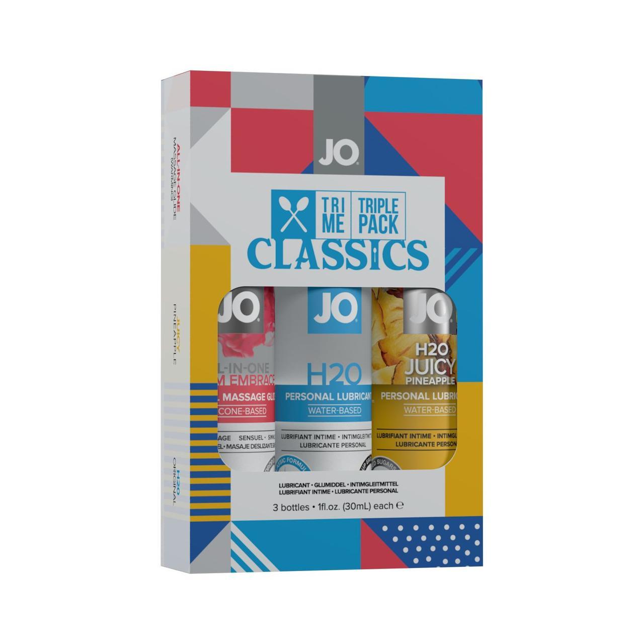 Набір JO Tri-Me Triple Pack — Classics (3×30 мл) водна, силіконова та смакова змазка