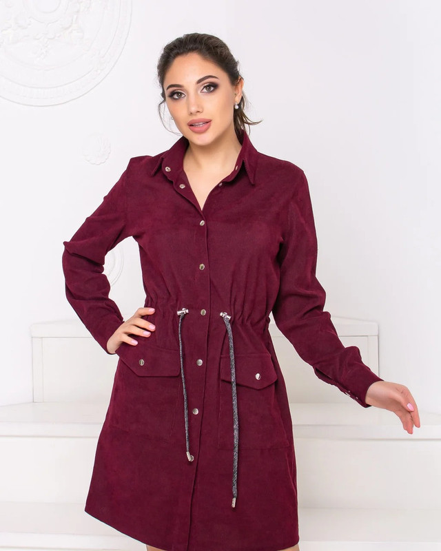 Платье женское. Красивое платье рубашка с длинным рукавом и поясом бордового цвета.
