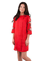 Красное льняное платье с вышивкой на рукавах (XS-3XL)