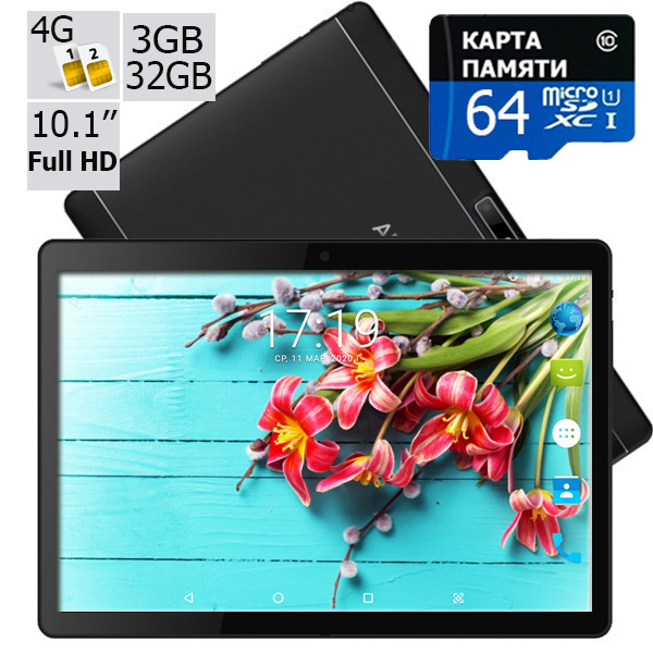 Планшет — телефон Adronix MT104 Matte Black 3 GB/32 GB LTE IPS 10/1" Full HD (LITE) + Карта пам'яті 64GB