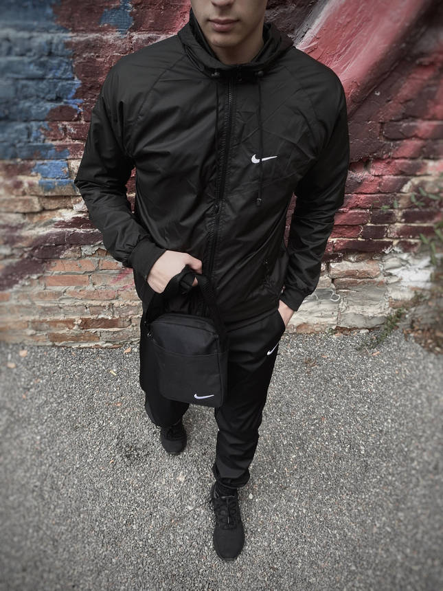 Спортивний костюм чорний чоловічий Nike, Вітровка Найк (Nike) + Штани + Барсетка в подарунок, фото 2