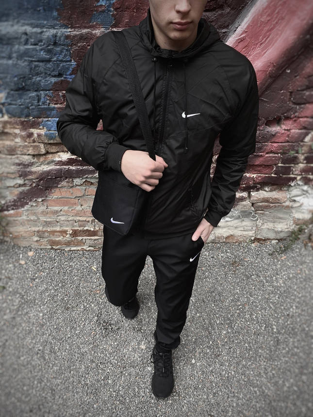 Спортивний костюм чорний чоловічий Nike, Вітровка Найк (Nike) + Штани + Барсетка в подарунок, фото 2