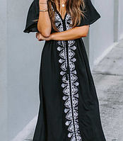 Красивое платье с вышивкой женское, модная черная длинная туника на лето , коттон 100%, раз. 50, 52