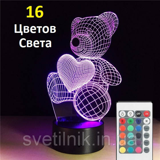 1 Світильник -16 кольорів світла! Світильник дитячий настільний Ведмедик на місяці, Світильник 3D