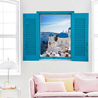 Наклейка на стену Окно с видом (море Санторини Греция имитация окна со ставнями) матовая 1500х1140 мм