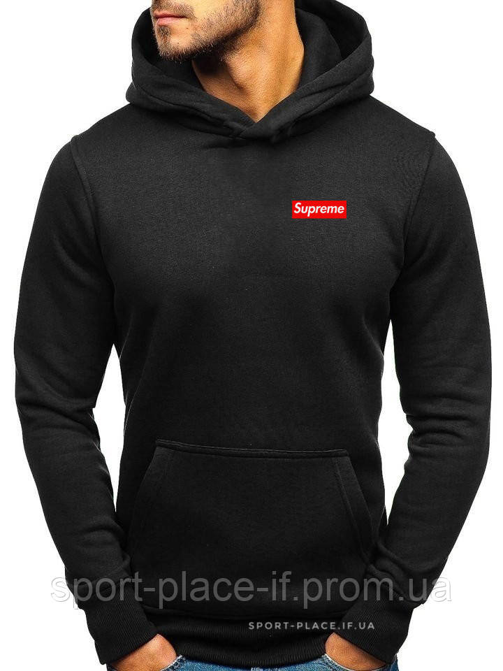 Чоловіча толстовка Supreme (Супрім) чорна (маленька емблема) кенгуру худі