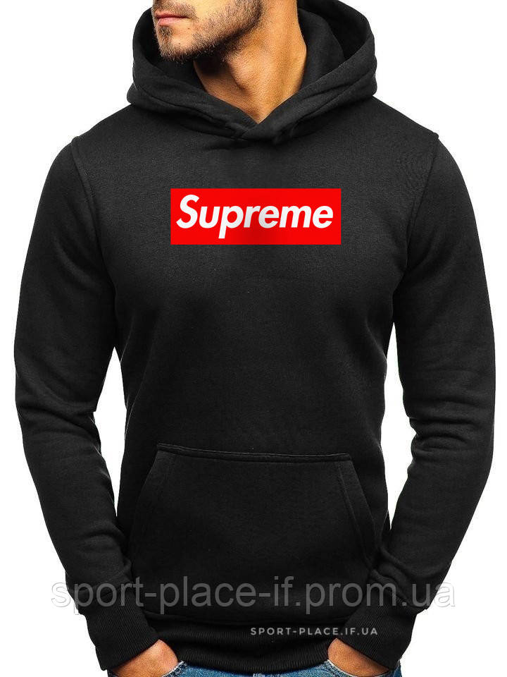 Чоловіча толстовка Supreme (Супрім) чорна (велика емблема) кенгуру худі