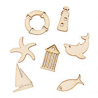 Фигурки фанера Морская тематика Дельфин, якорь 30 мм дерево (5 штук) микс для скрпбукинга декора творчества