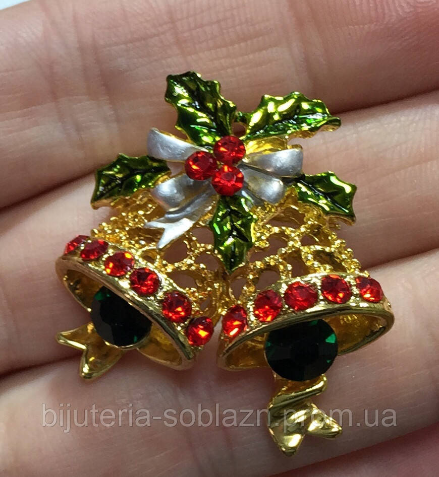 Золотистая Цветная разноцветная брошь со стразами Рождественские Колокольчики 3,5 см - фото 2 - id-p386037100