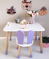 Дитячий столик та 1 стілець (дерев'яний стільчик зайчик і прямокутний стіл)