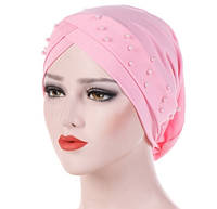 Чалма шапка однотонная украшена бусинками сверху присобранная розовая