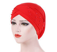 Чалма шапка однотонная с бусинками сверху присобранная красная