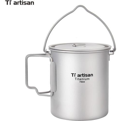 Казанок титановий туристичний з кришкою та складними ручками Tiartisan 750 мл з ручкою для підвішування