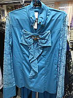 Блакитна Блуза ошатна з бантом 46 розмір