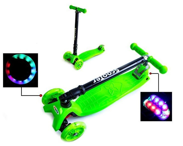 Самокат триколісний дитячий Maxi складаний кермо колеса светяться. Green., фото 1