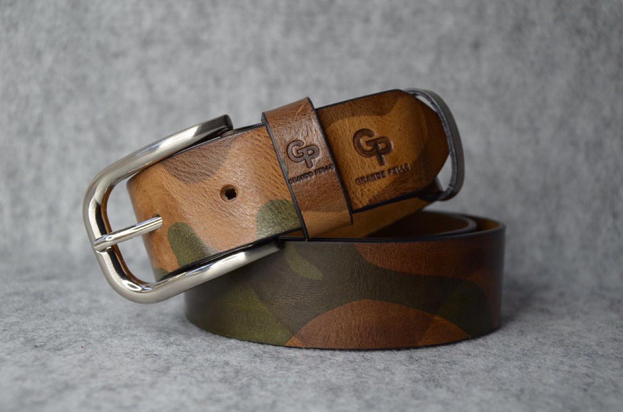 Стильний чоловічий ремінь комуфляжний для штанів, джинс та брюк шкіряний пояс ручної роботи Grande Pelle