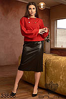 Страсный женский костюм с красной блузой с длинными рукавами и черной кожаной юбкой с 48 по 62 размер