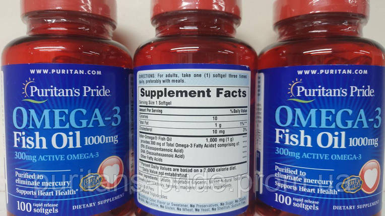 Омега 3, Puritan's Pride Omega-3 Fish Oil 1000 mg 100 softgels, фото 2
