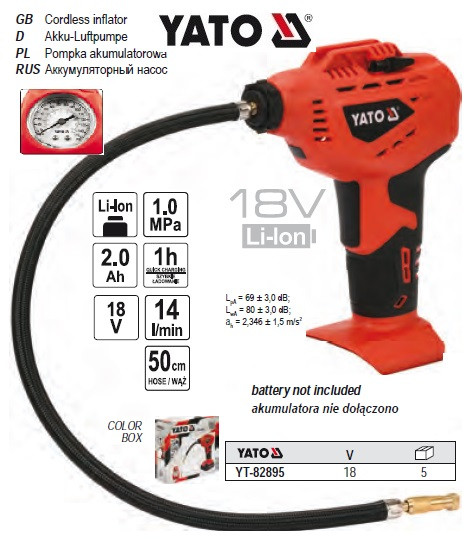 Компресор акумуляторний Li-Ion 18 В 1 MPa 14 л/хв БЕЗ акумуляторА YATO-82895