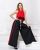 Модные женские брюки-юбка длинные широкие черные с красным 50-52, 54-56