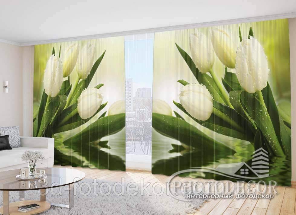 3D Фото Штори "Білі тюльпани у воді" 2,7м*4,0м (2 полотна по 2,0м), тасьма