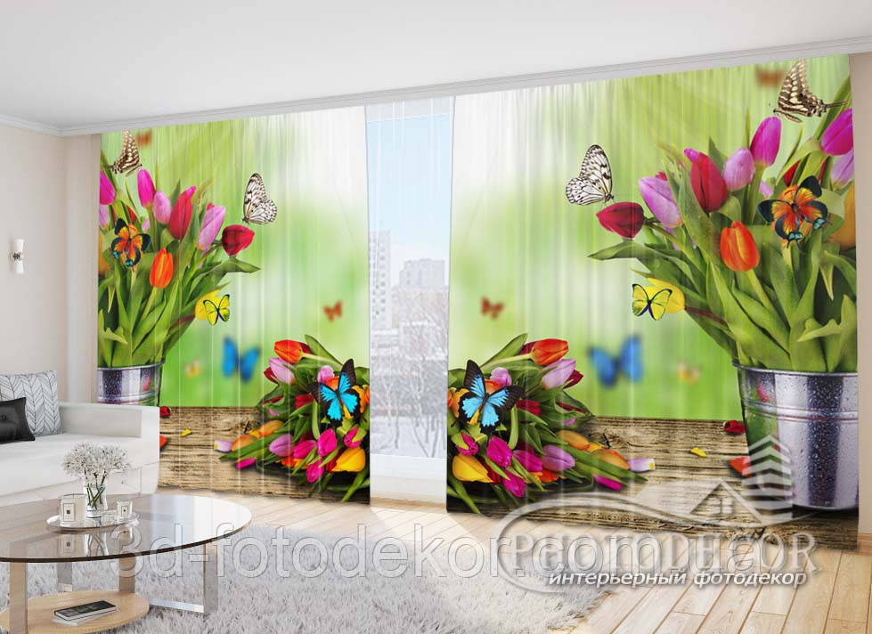 Фото Штори "Букети тюльпанів з метеликами" 2,7м*5,0м (2 полотна по 2,5м), тасьма
