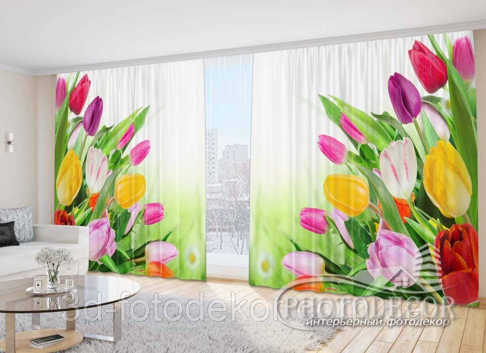Фото Штори "Букети яскравих тюльпанів" 2,7м*4,0м (2 полотна по 2,0м), тасьма