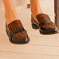 Лофери жіночі шкіряні 40 розмір Woman's heel чорні з коричневими вставками леопардовими