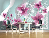 Флизелиновые красивые фотообои в гостиную 312х219 см Розовые цветы на белых стеблях (1233VEXXL)+клей