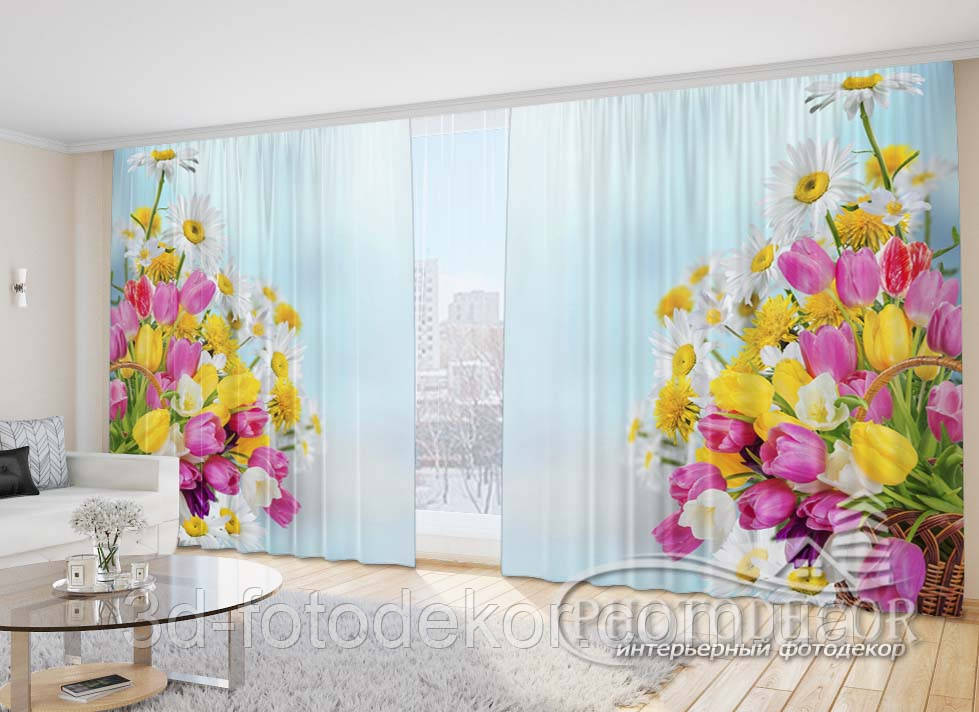 Фото Штори "Кошик з Тюльпанами і ромашками" 2,7м*5,0м (2 полотна по 2,5м), тасьма