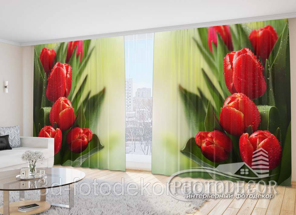 Фото Штори "Червоні тюльпани" 2,7м*5,0м (2 полотна по 2,5м), тасьма