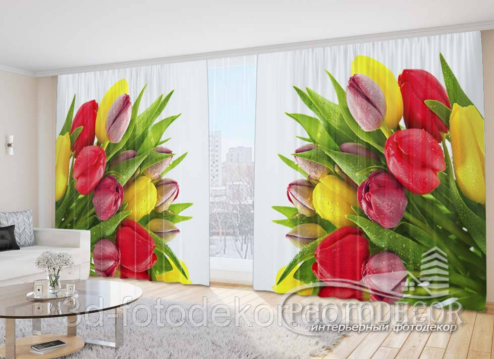 Фото Штори "Різнокольорові тюльпани" 2,7м*4,0м (2 полотна по 2,0м), тасьма