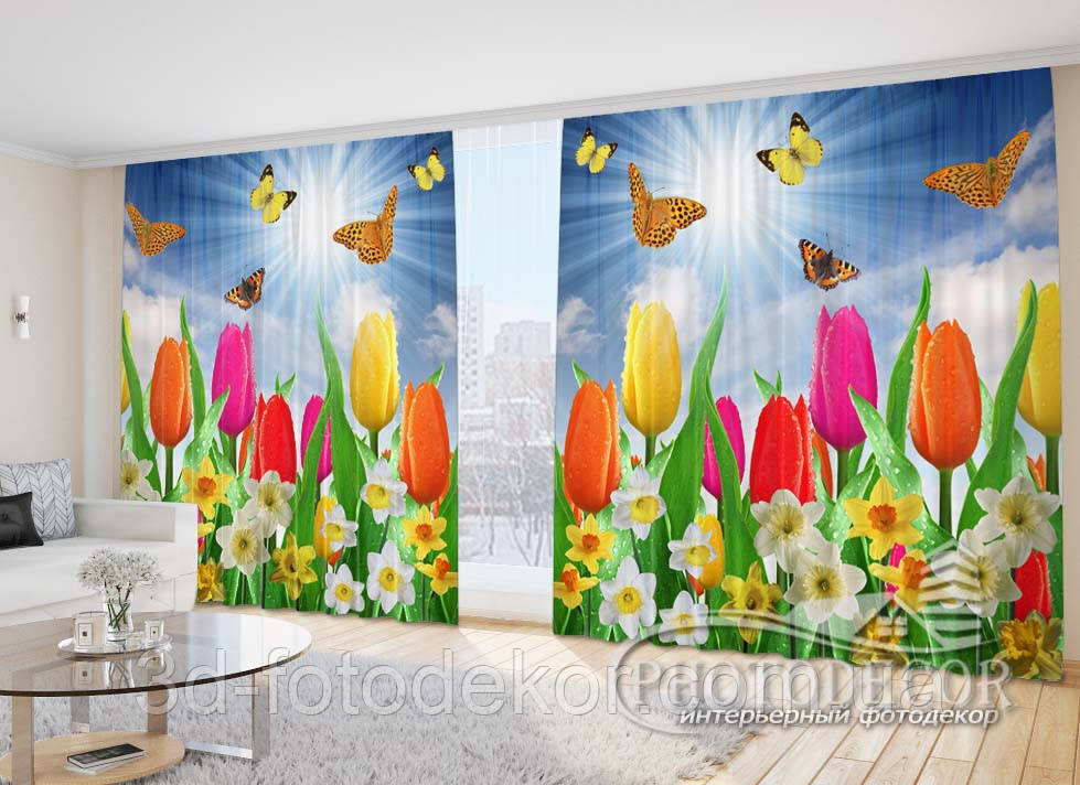 Фото Штори "Тюльпани і нарциси з метеликами" 2,7м*4,0м (2 полотна по 2,0м), тасьма