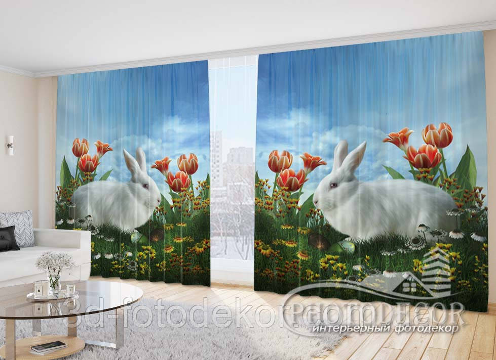 Фото Штори"Тюльпани з зайчиком" 2,7м*4,0м (2 полотна по 2,0м), тасьма