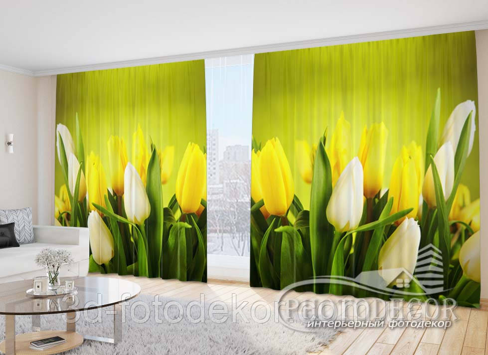 Фото Штори "Жовті з білими тюльпанами 1" 2,7м*4,0м (2 полотна по 2,0м), тасьма