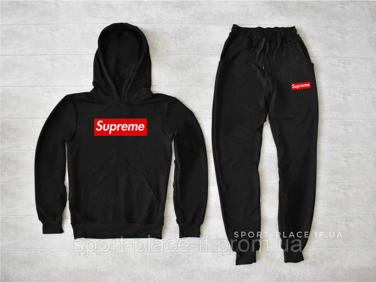 Чоловічий спортивний костюм Supreme (Суприм) чорний, толстовка велика емблема штани худі кенгуру
