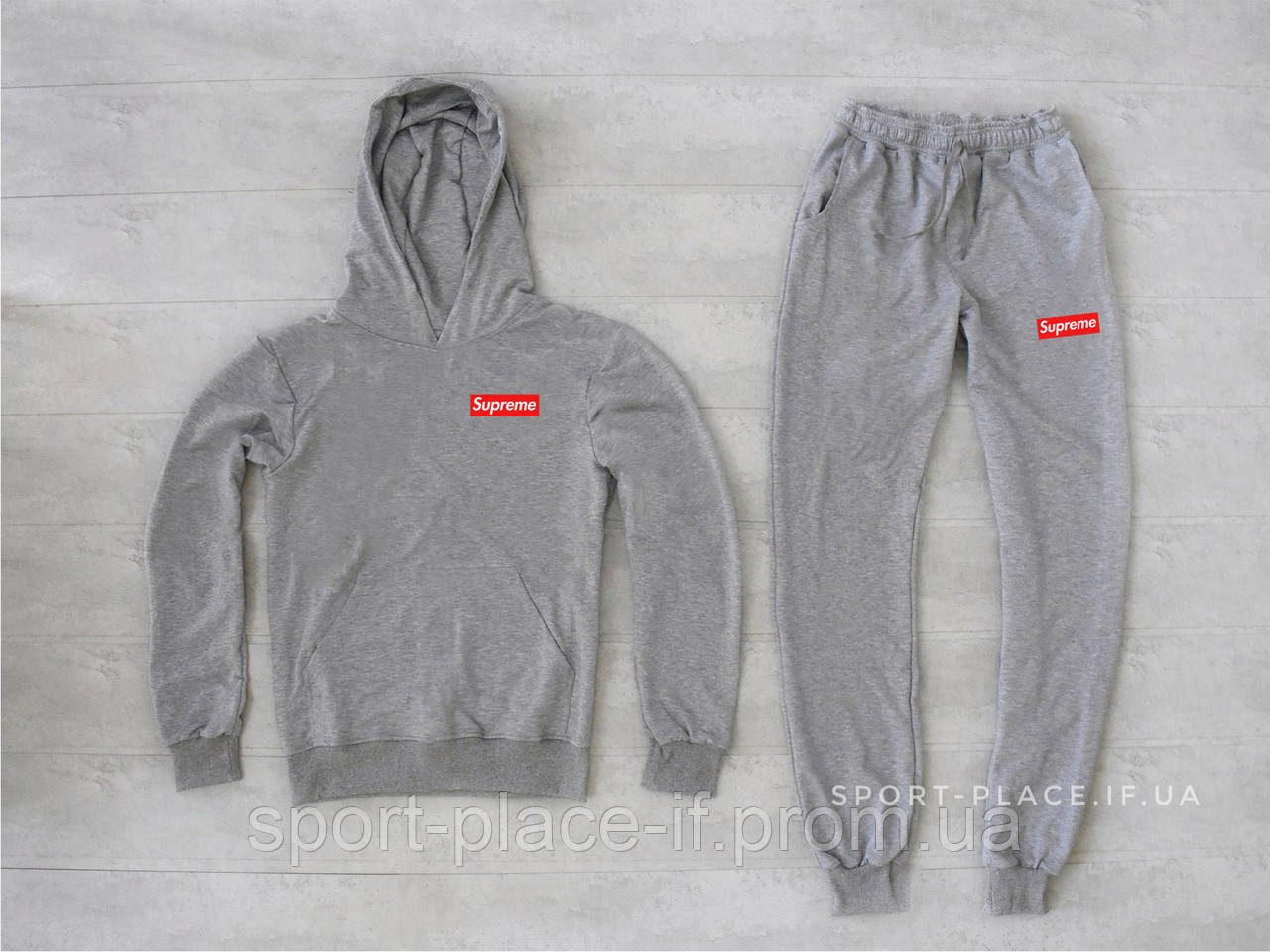 Чоловічий спортивний костюм Supreme (Суприм) світло-сірий, толстовка маленька емблема штани худі кенгуру