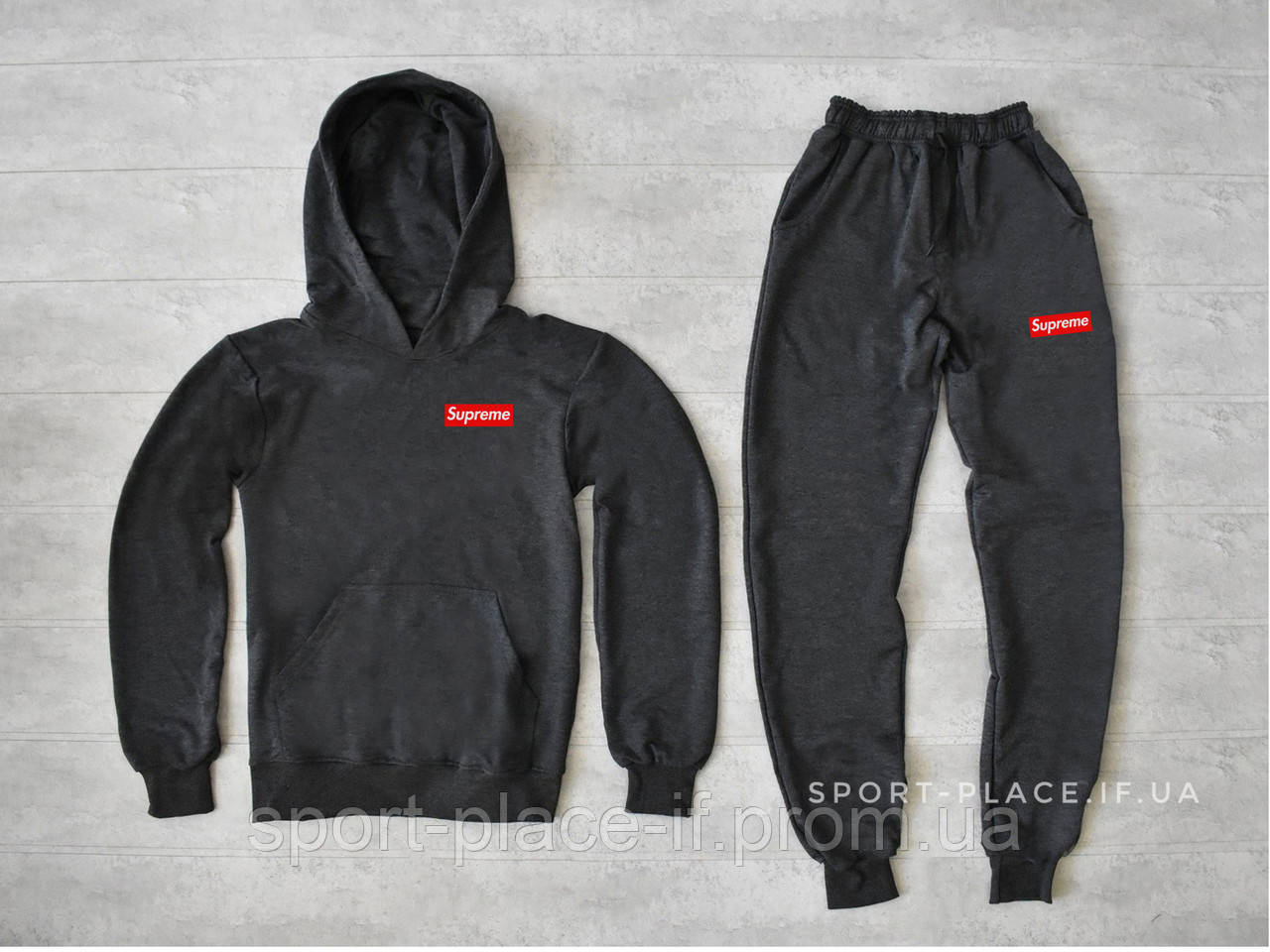 Чоловічий спортивний костюм Supreme (Суприм) темно-сірий толстовка маленька червона емблема штани худі кенгуру